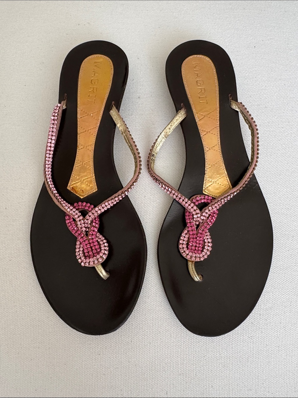 Magrit Spain Vintage Pink Rhinestone Crystal Knot Thong Sandals